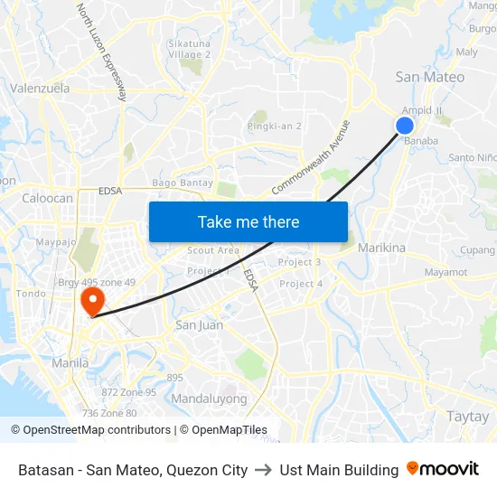 Batasan - San Mateo, Quezon City to Ust Main Building map