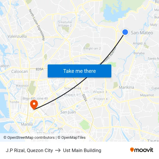 J.P Rizal, Quezon City to Ust Main Building map