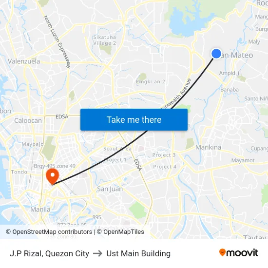 J.P Rizal, Quezon City to Ust Main Building map