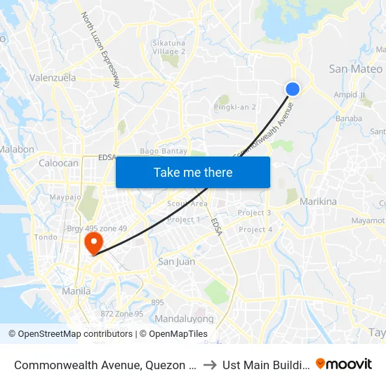 Commonwealth Avenue, Quezon City to Ust Main Building map