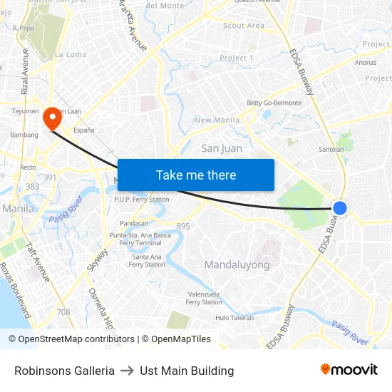 Robinsons Galleria to Ust Main Building map