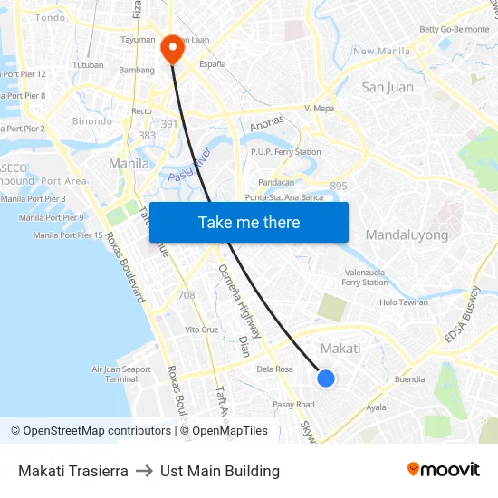 Makati Trasierra to Ust Main Building map