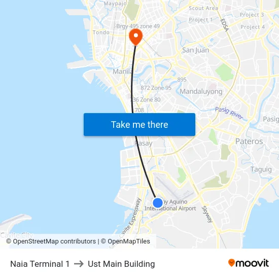 Naia Terminal 1 to Ust Main Building map