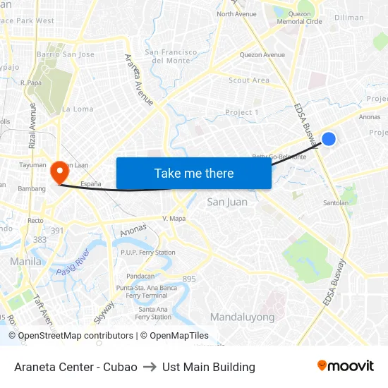 Araneta Center - Cubao to Ust Main Building map