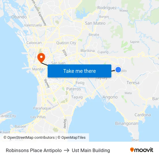 Robinsons Place Antipolo to Ust Main Building map