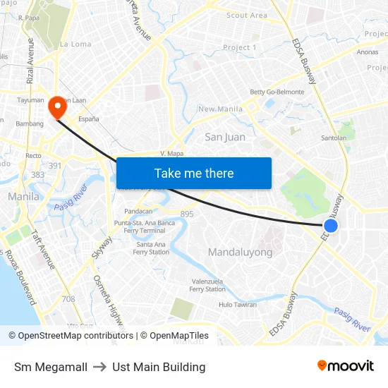 Sm Megamall to Ust Main Building map