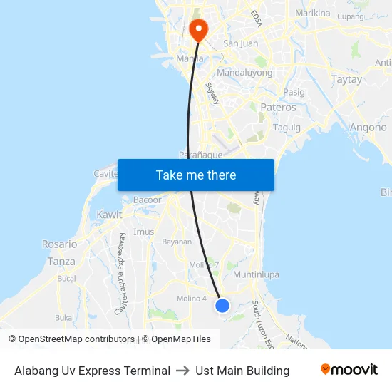 Alabang Uv Express Terminal to Ust Main Building map