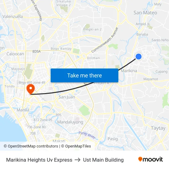 Marikina Heights Uv Express to Ust Main Building map