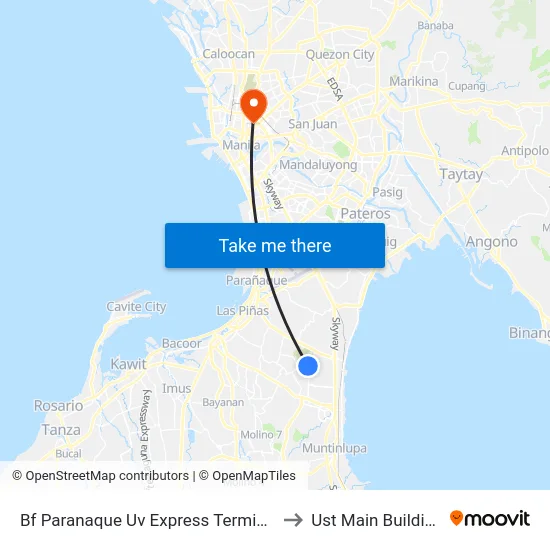 Bf Paranaque Uv Express Terminal to Ust Main Building map