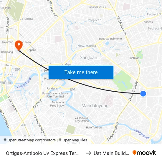 Ortigas-Antipolo Uv Express Terminal to Ust Main Building map