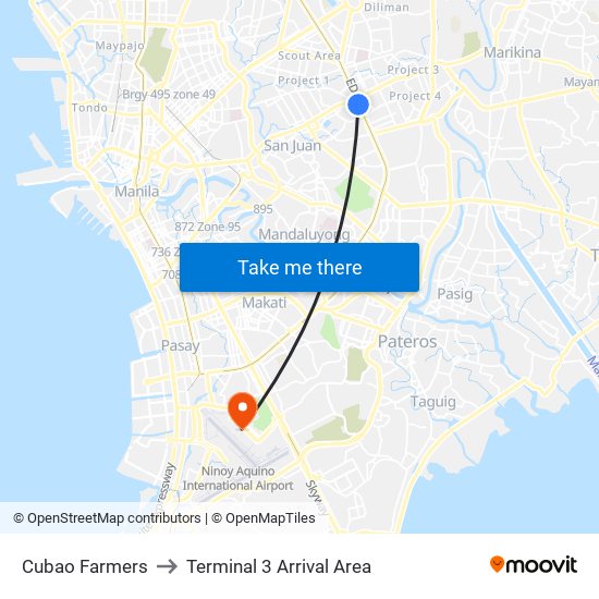 Cubao Farmers to Terminal 3 Arrival Area map