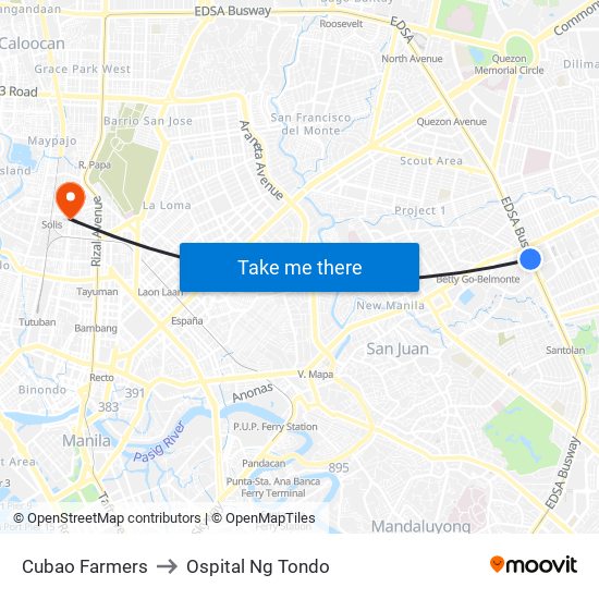 Cubao Farmers to Ospital Ng Tondo map