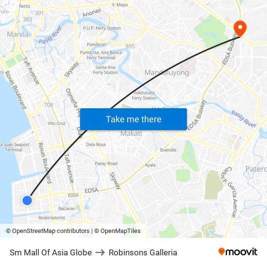 Sm Mall Of Asia Globe to Robinsons Galleria map