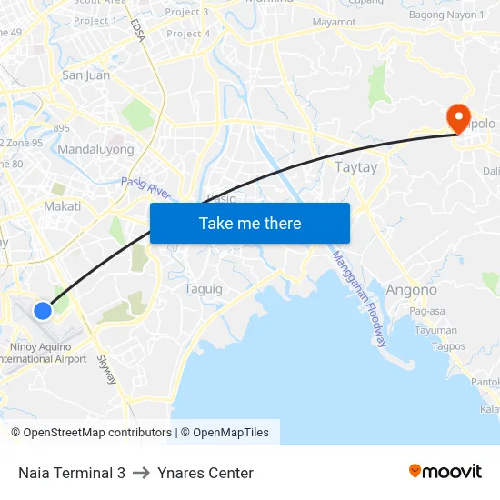 Naia Terminal 3 to Ynares Center map