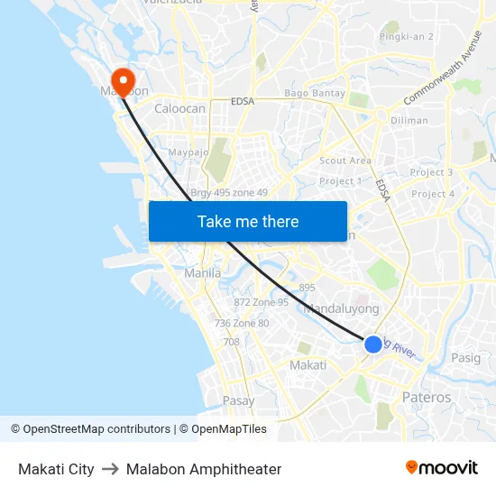 Makati City to Malabon Amphitheater map