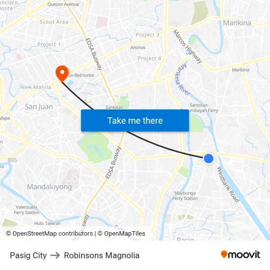 Pasig City to Robinsons Magnolia map