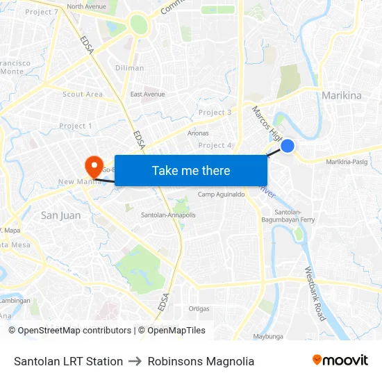 Santolan LRT Station to Robinsons Magnolia map
