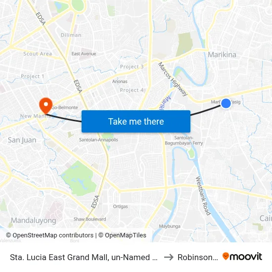 Sta. Lucia East Grand Mall, un-Named Road Near Felix Road, Cainta, Manila to Robinsons Magnolia map