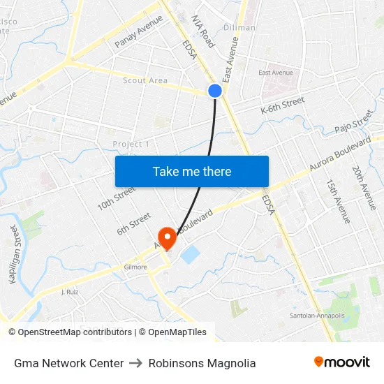 Gma Network Center to Robinsons Magnolia map