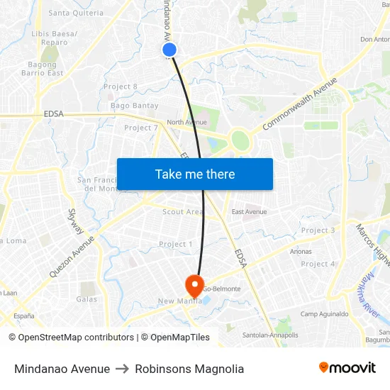 Mindanao Avenue to Robinsons Magnolia map