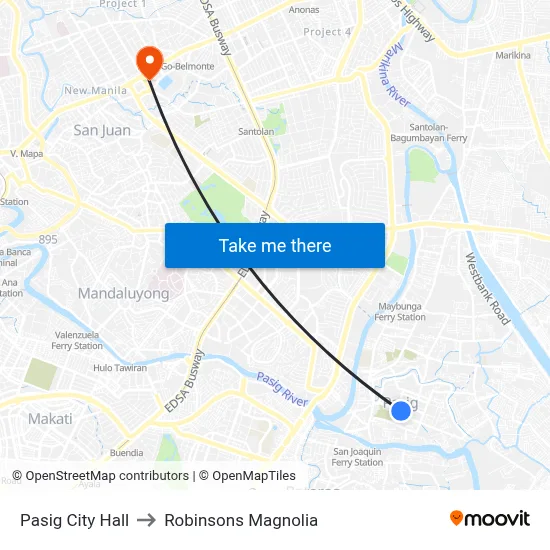 Pasig City Hall to Robinsons Magnolia map