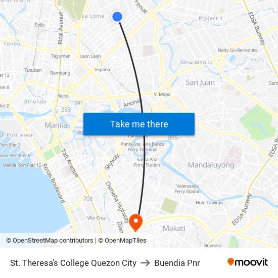 St. Theresa's College Quezon City to Buendia Pnr map