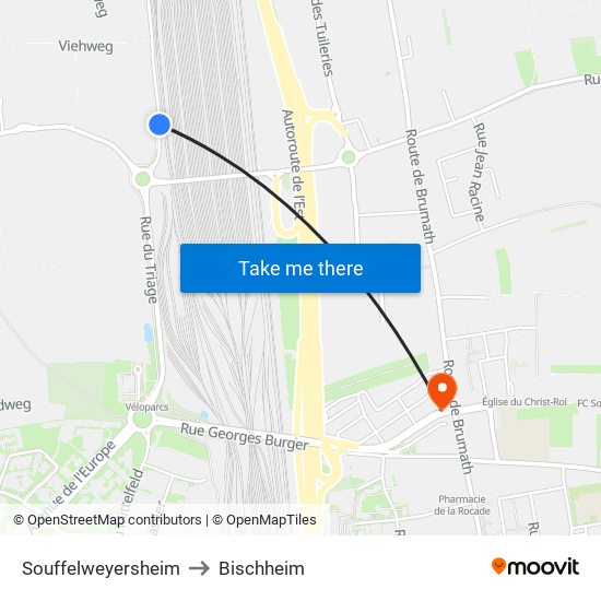 Souffelweyersheim to Bischheim map