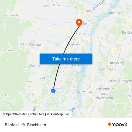 Benfeld to Bischheim map