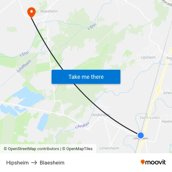 Hipsheim to Blaesheim map