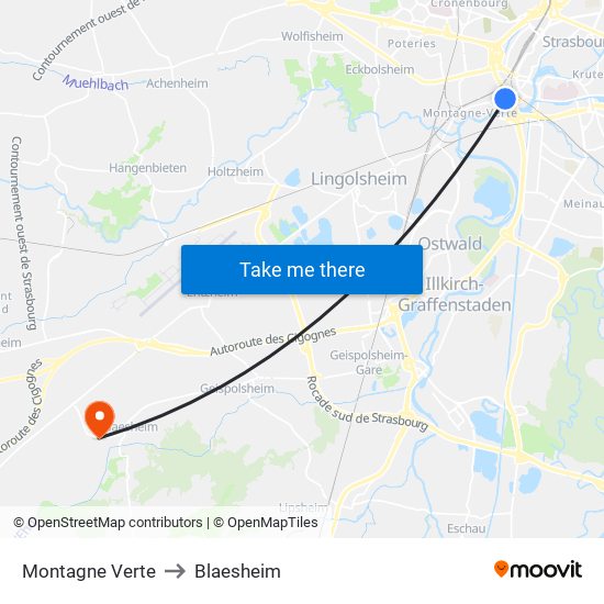 Montagne Verte to Blaesheim map