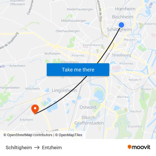 Schiltigheim to Entzheim map