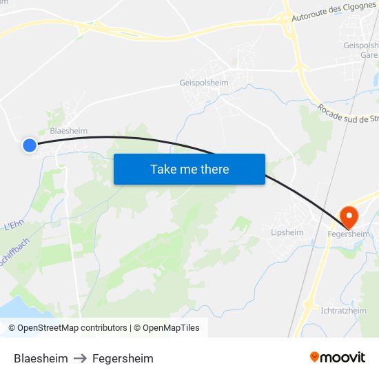 Blaesheim to Fegersheim map