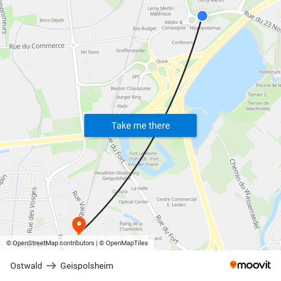 Ostwald to Geispolsheim map