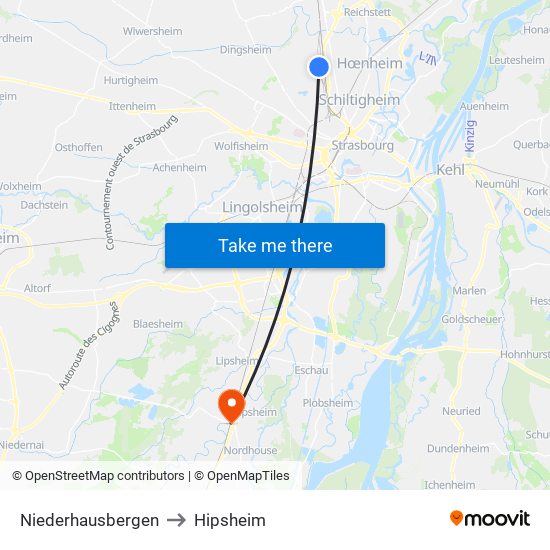 Niederhausbergen to Hipsheim map