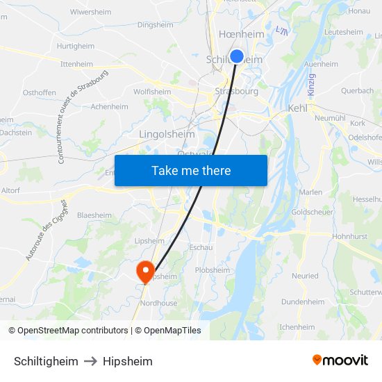 Schiltigheim to Hipsheim map