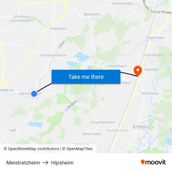 Meistratzheim to Hipsheim map