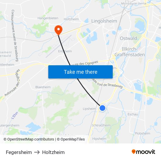 Fegersheim to Holtzheim map