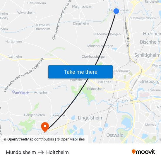 Mundolsheim to Holtzheim map