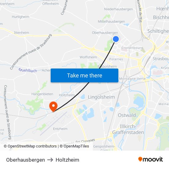 Oberhausbergen to Holtzheim map