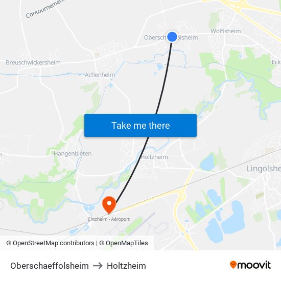 Oberschaeffolsheim to Holtzheim map