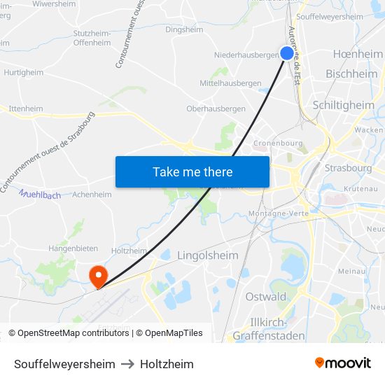 Souffelweyersheim to Holtzheim map