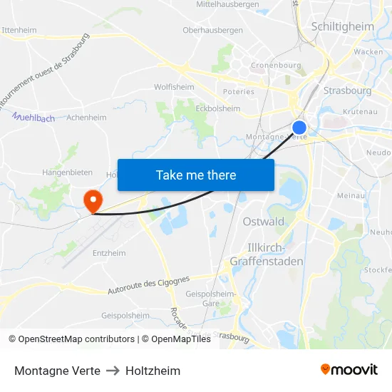 Montagne Verte to Holtzheim map