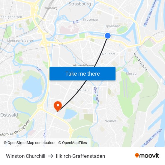 Winston Churchill to Illkirch-Graffenstaden map