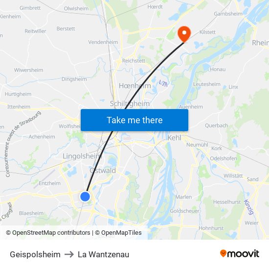 Geispolsheim to La Wantzenau map