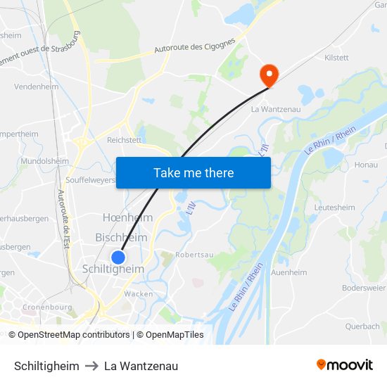 Schiltigheim to La Wantzenau map