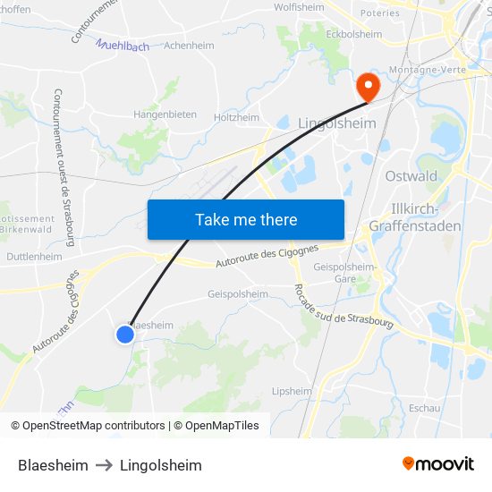 Blaesheim to Lingolsheim map