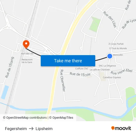 Fegersheim to Lipsheim map