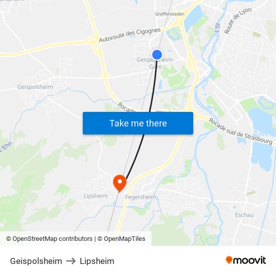 Geispolsheim to Lipsheim map