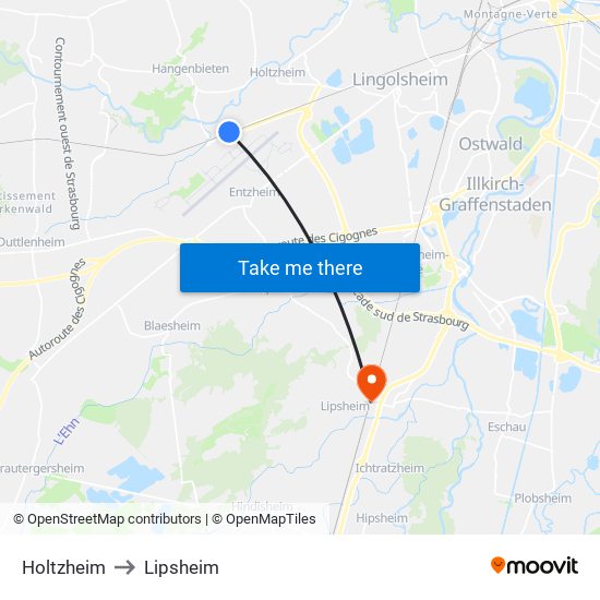 Holtzheim to Lipsheim map