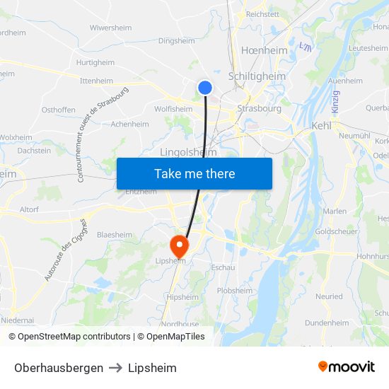 Oberhausbergen to Lipsheim map